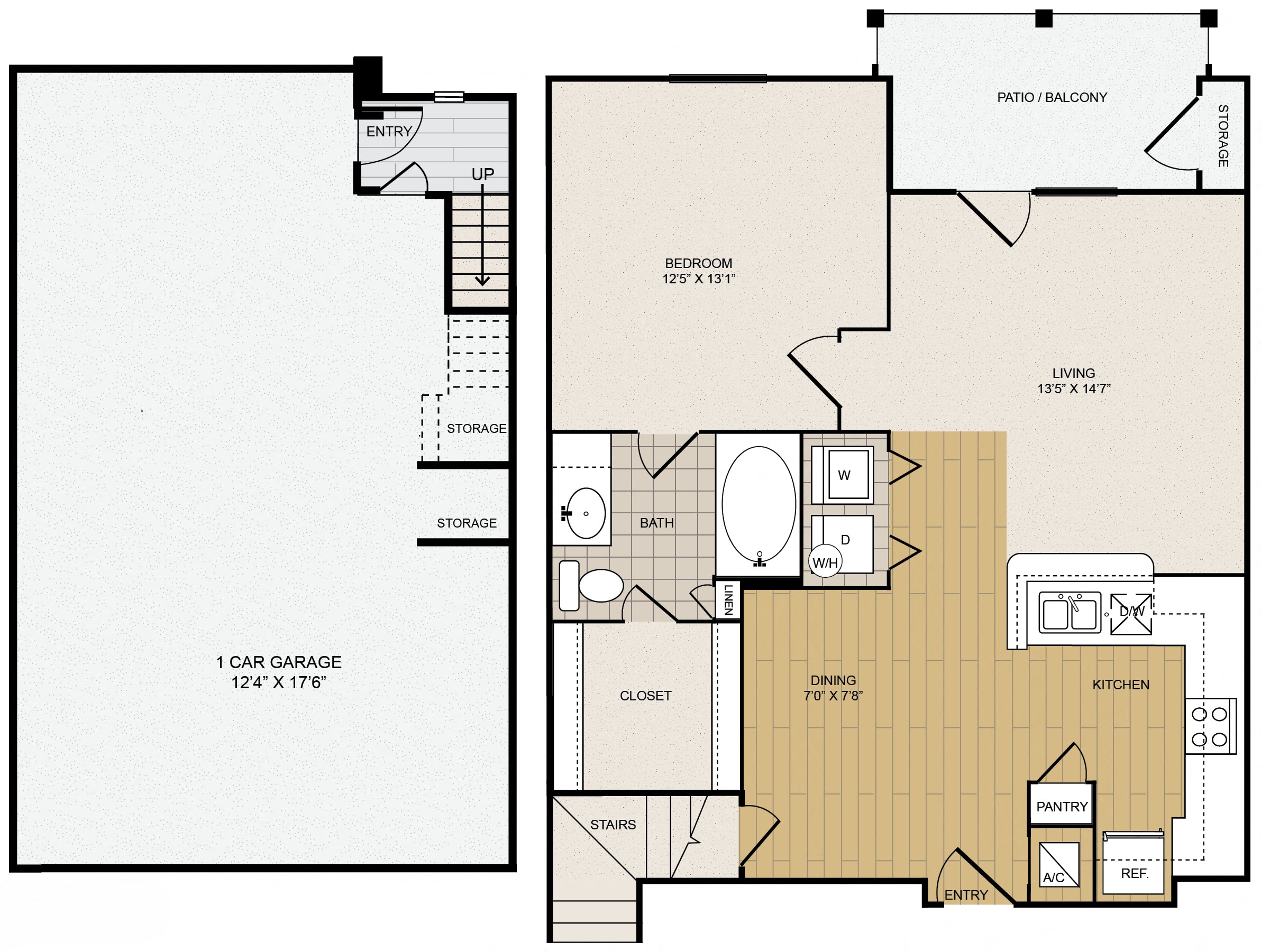 Floor plan for 1 bed, 1 bath, 772 sqft